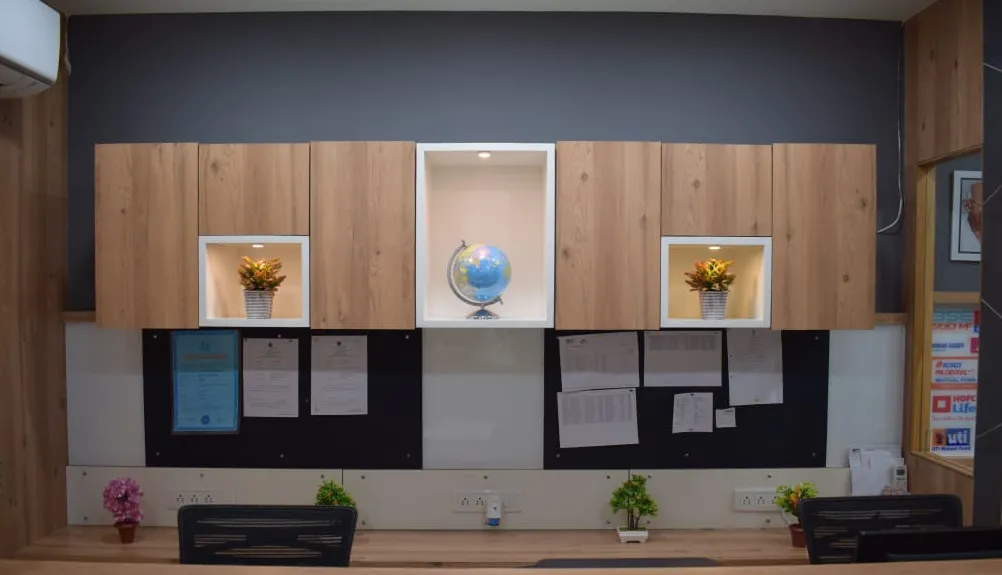 Operations desk with wall cabinets and notice boards